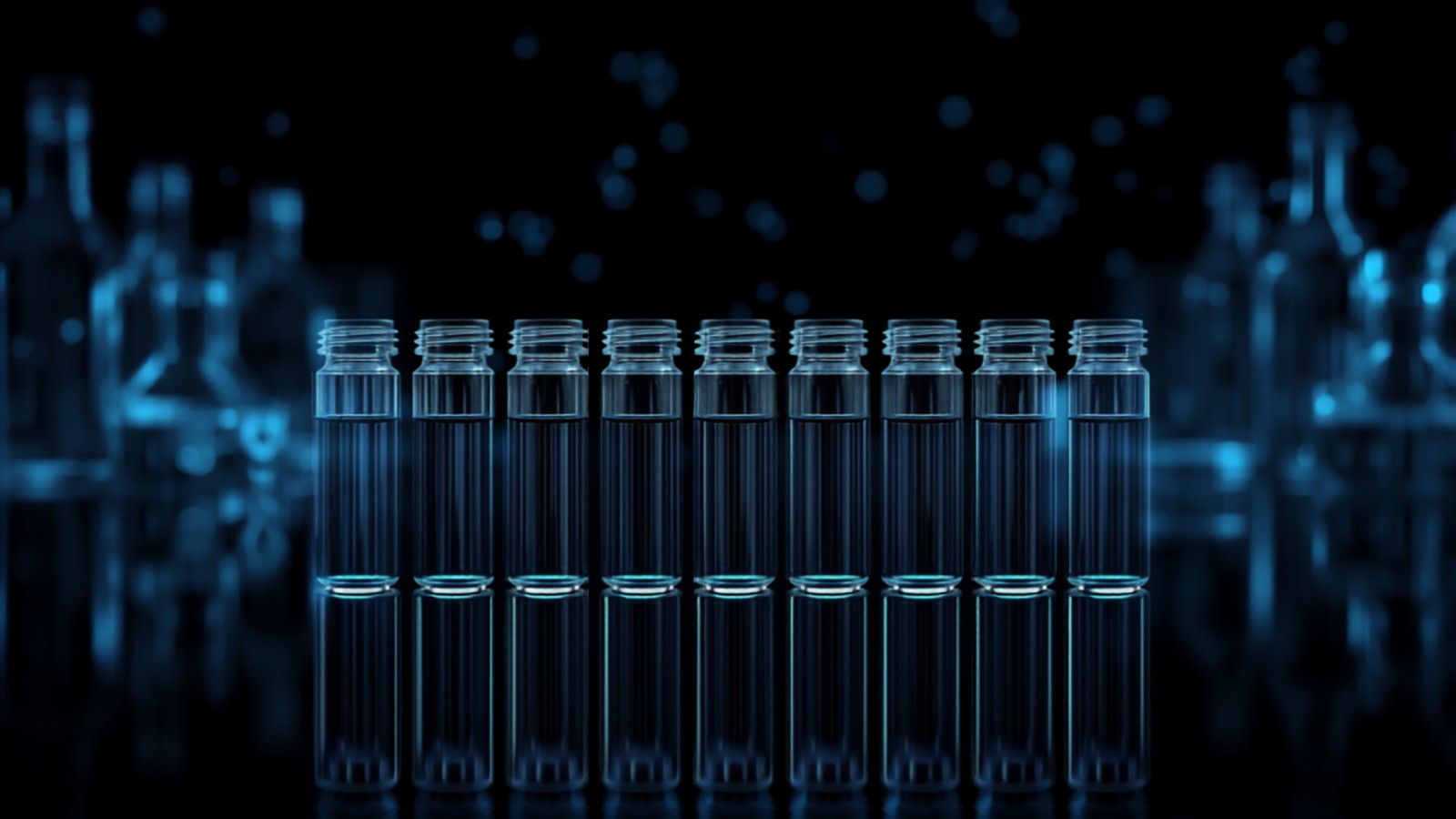 Glowing research-compound vials under neon laboratory light