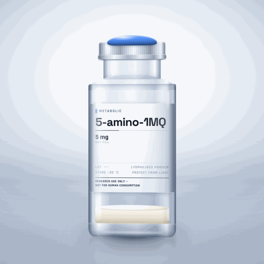 5-amino-1MQ 5mg vial — clear glass research-compound vial with an aluminium crimp cap,  purity, labelled for laboratory research use only