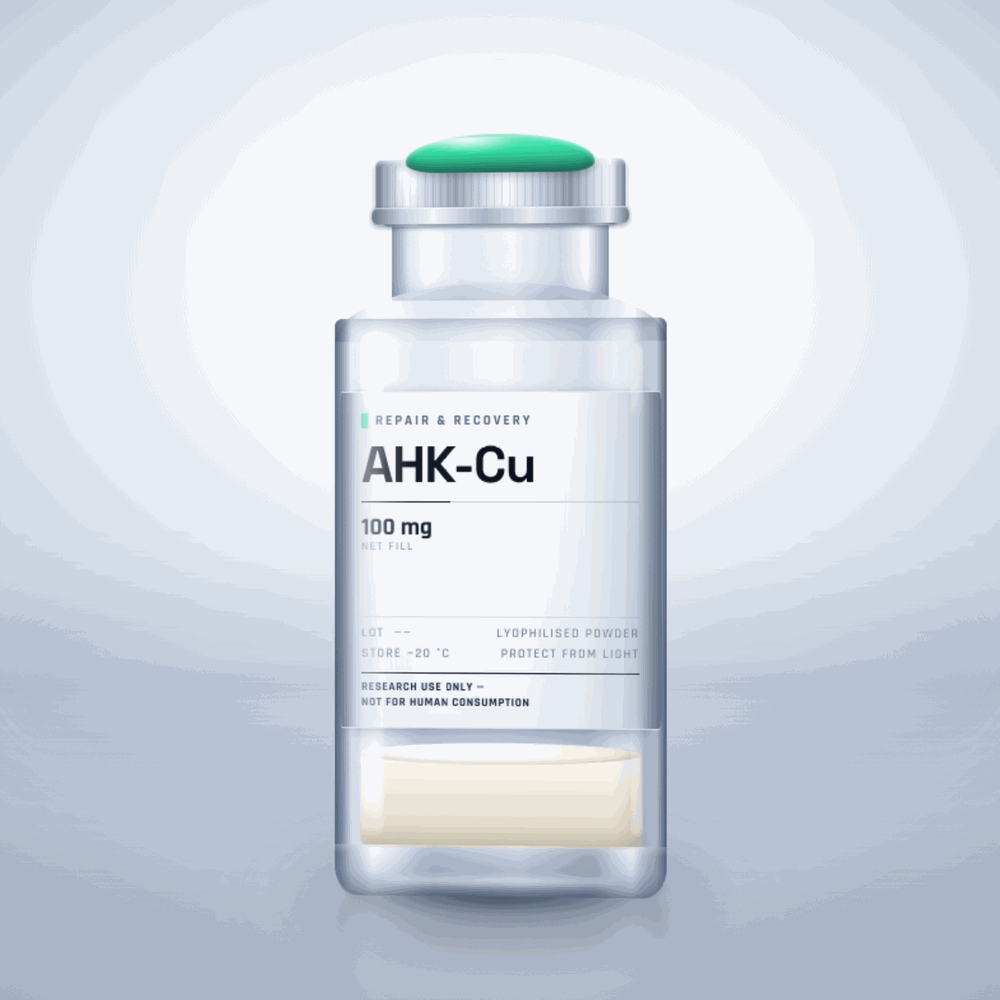 AHK-Cu 100mg vial — clear glass research-compound vial with an aluminium crimp cap,  purity, labelled for laboratory research use only
