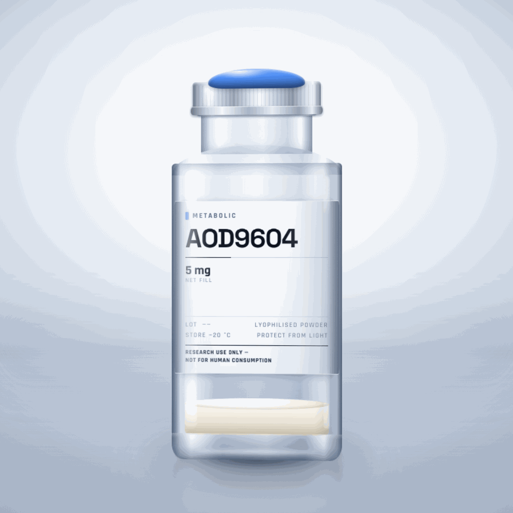 AOD9604 5mg vial — clear glass research-compound vial with an aluminium crimp cap,  purity, labelled for laboratory research use only