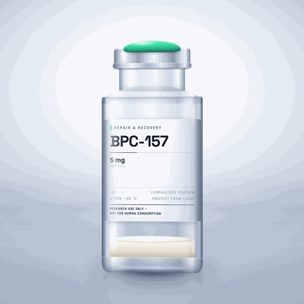 BPC-157 5mg vial — clear glass research-compound vial with an aluminium crimp cap,  purity, labelled for laboratory research use only