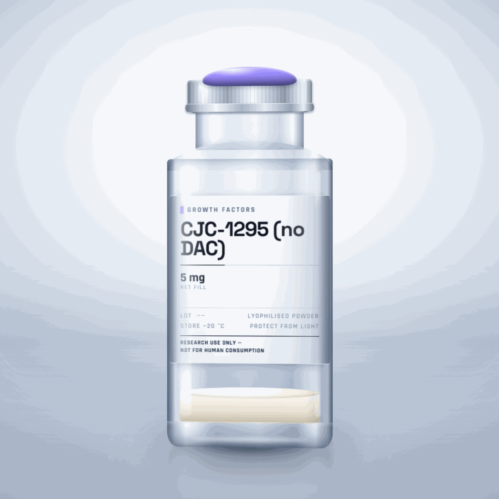 CJC-1295 (no DAC) 5mg vial — clear glass research-compound vial with an aluminium crimp cap,  purity, labelled for laboratory research use only