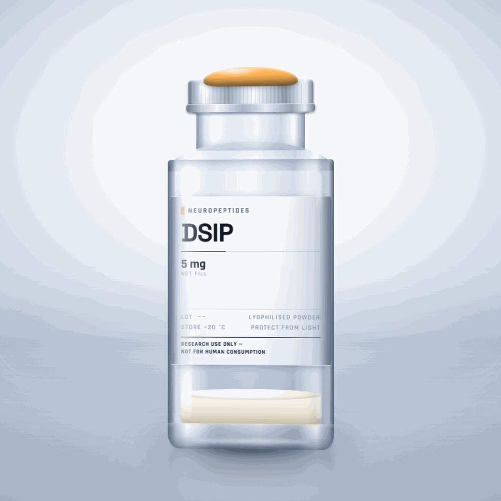 DSIP 5mg vial — clear glass research-compound vial with an aluminium crimp cap,  purity, labelled for laboratory research use only