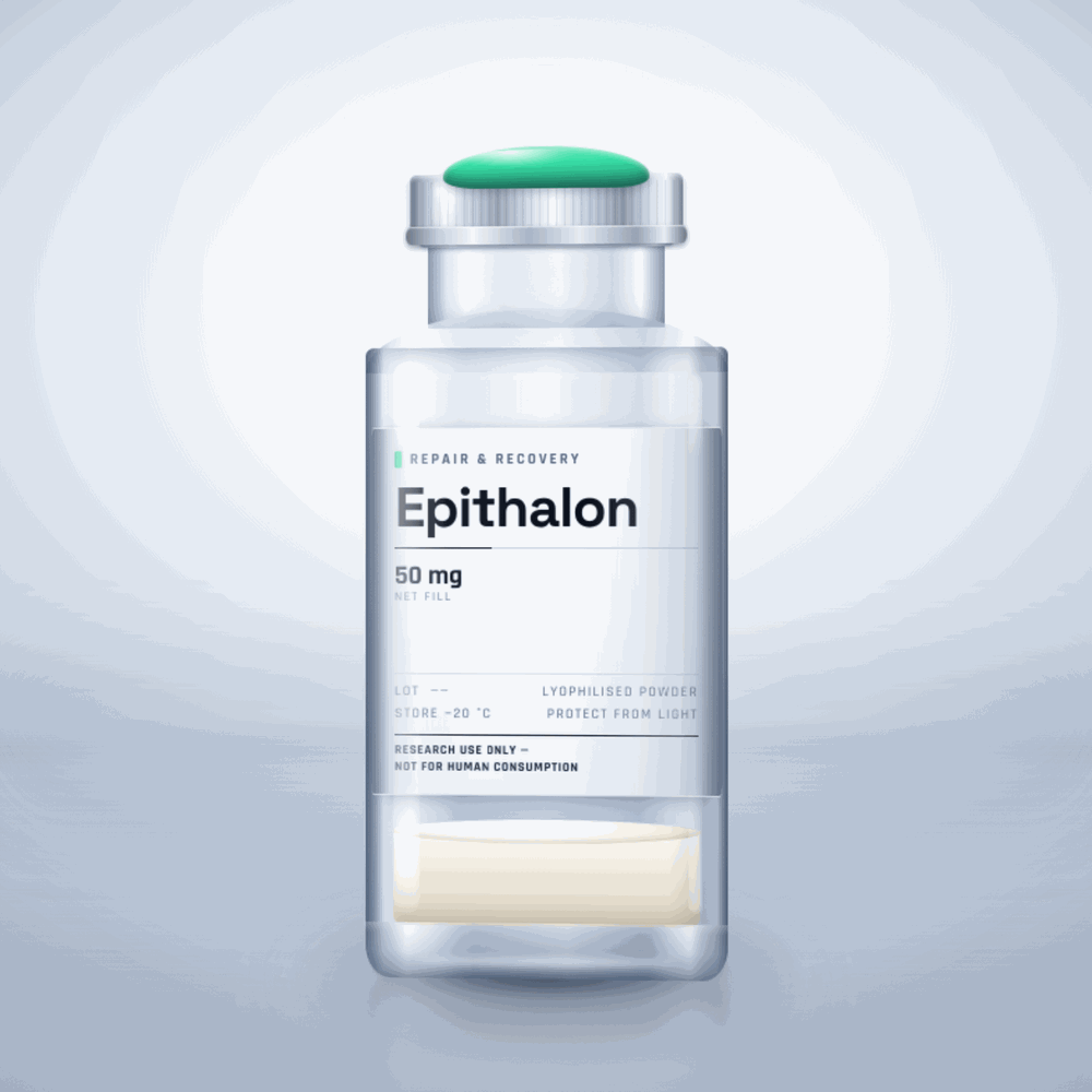 Epithalon 50mg vial — clear glass research-compound vial with an aluminium crimp cap,  purity, labelled for laboratory research use only