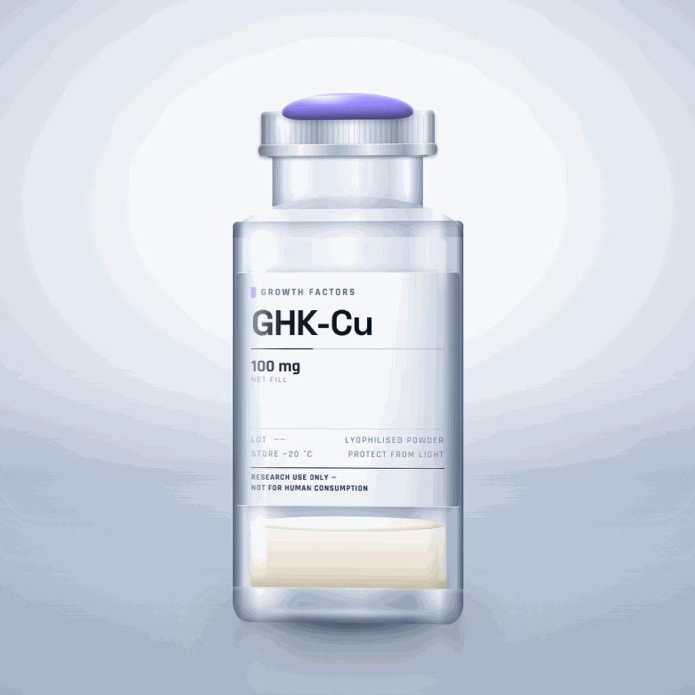 GHK-Cu 100mg vial — clear glass research-compound vial with an aluminium crimp cap,  purity, labelled for laboratory research use only