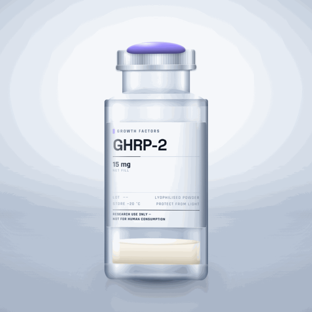 GHRP-2 15mg vial — clear glass research-compound vial with an aluminium crimp cap,  purity, labelled for laboratory research use only