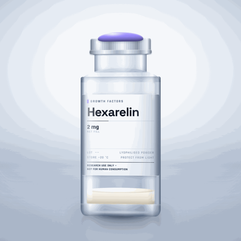 Hexarelin 2mg vial — clear glass research-compound vial with an aluminium crimp cap,  purity, labelled for laboratory research use only