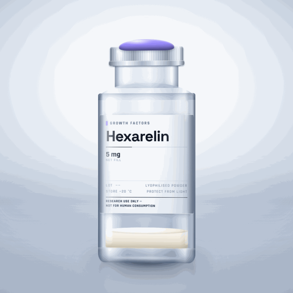 Hexarelin 5mg vial — clear glass research-compound vial with an aluminium crimp cap,  purity, labelled for laboratory research use only