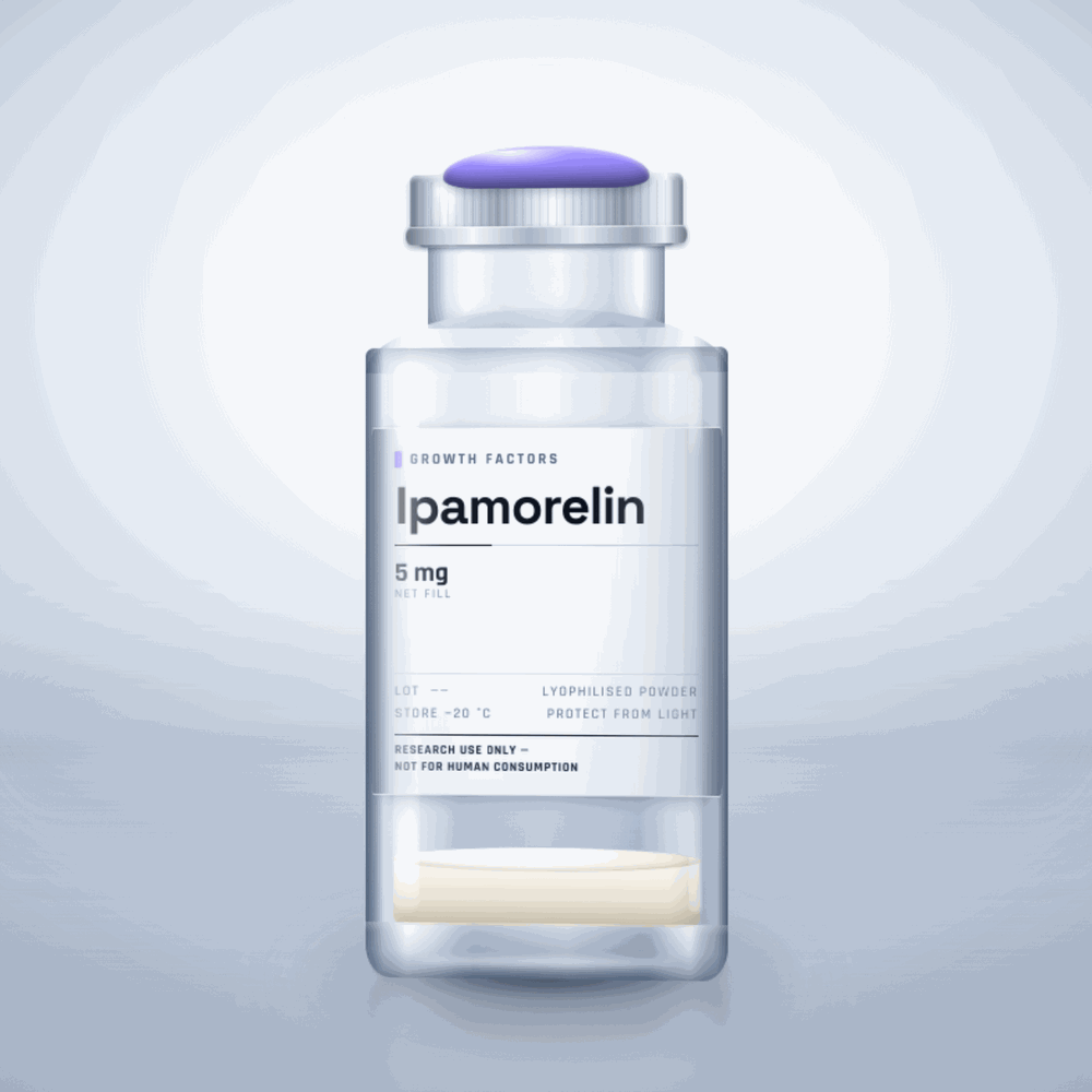 Ipamorelin 5mg vial — clear glass research-compound vial with an aluminium crimp cap,  purity, labelled for laboratory research use only