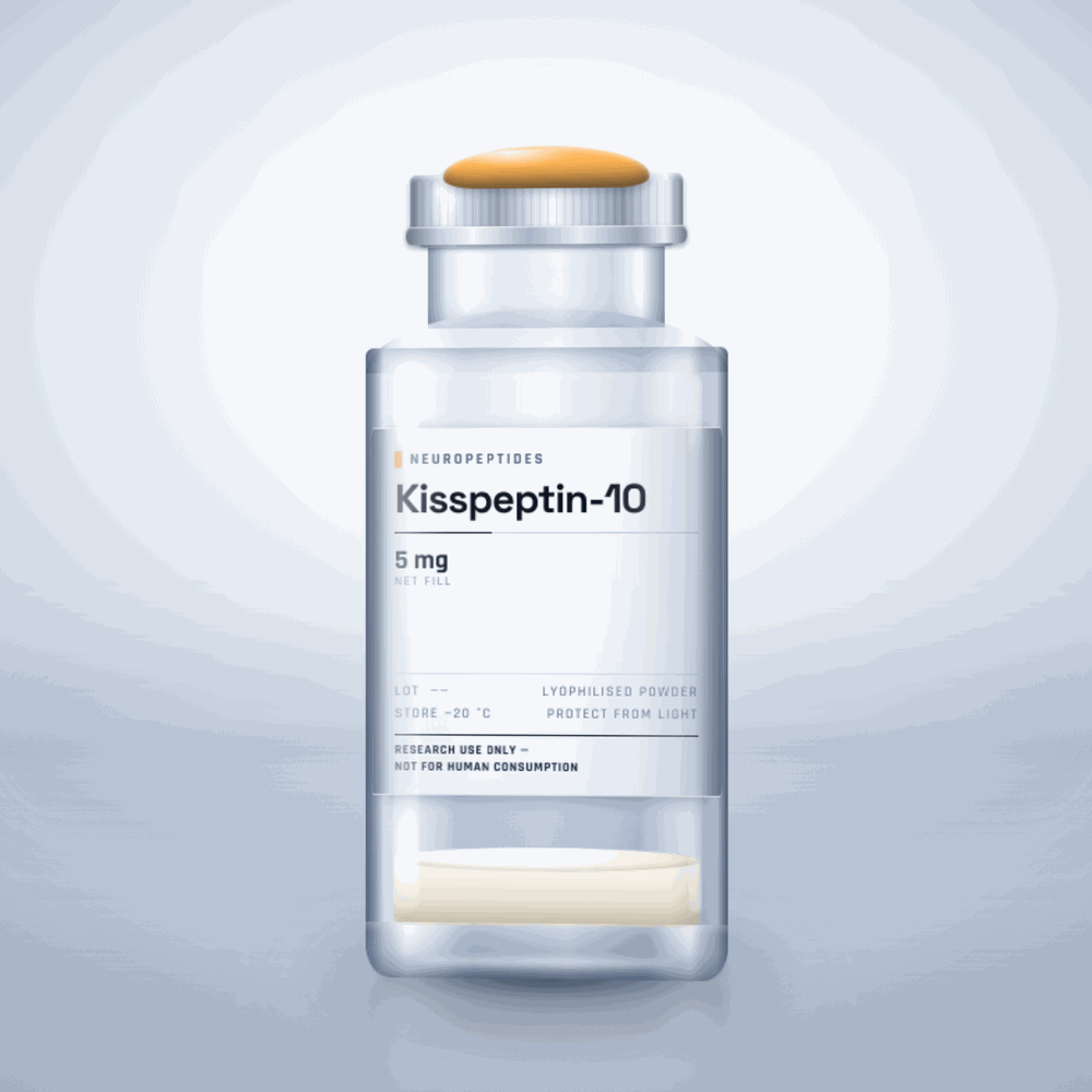Kisspeptin-10 5mg vial — clear glass research-compound vial with an aluminium crimp cap,  purity, labelled for laboratory research use only