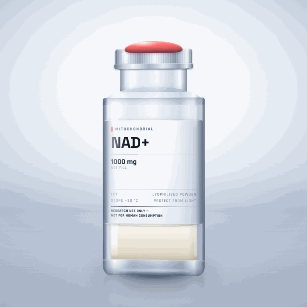 NAD+ 1000mg vial — clear glass research-compound vial with an aluminium crimp cap,  purity, labelled for laboratory research use only