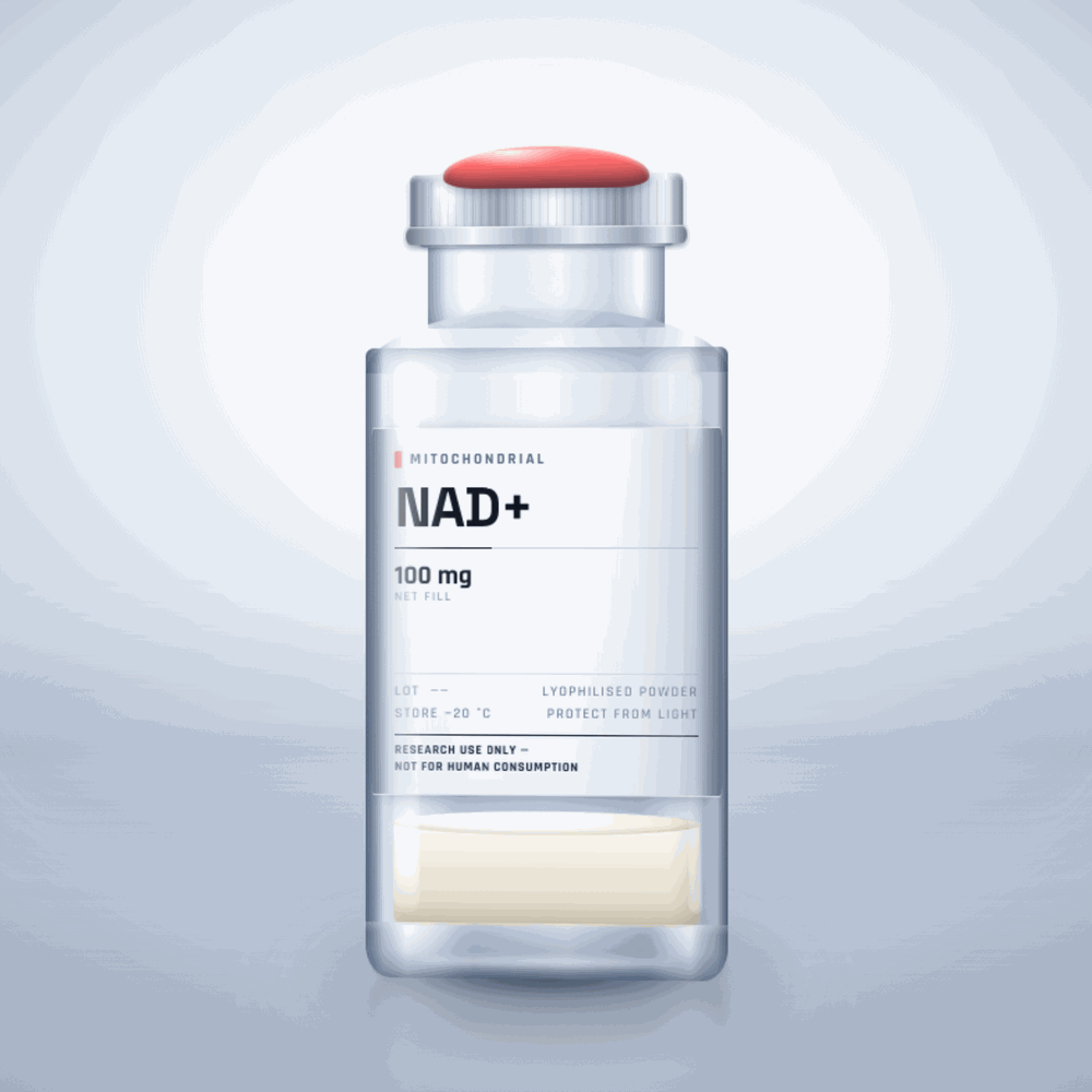 NAD+ 100mg vial — clear glass research-compound vial with an aluminium crimp cap,  purity, labelled for laboratory research use only
