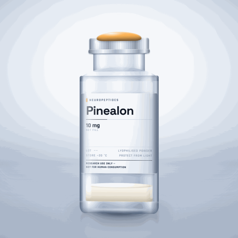 Pinealon 10mg vial — clear glass research-compound vial with an aluminium crimp cap,  purity, labelled for laboratory research use only