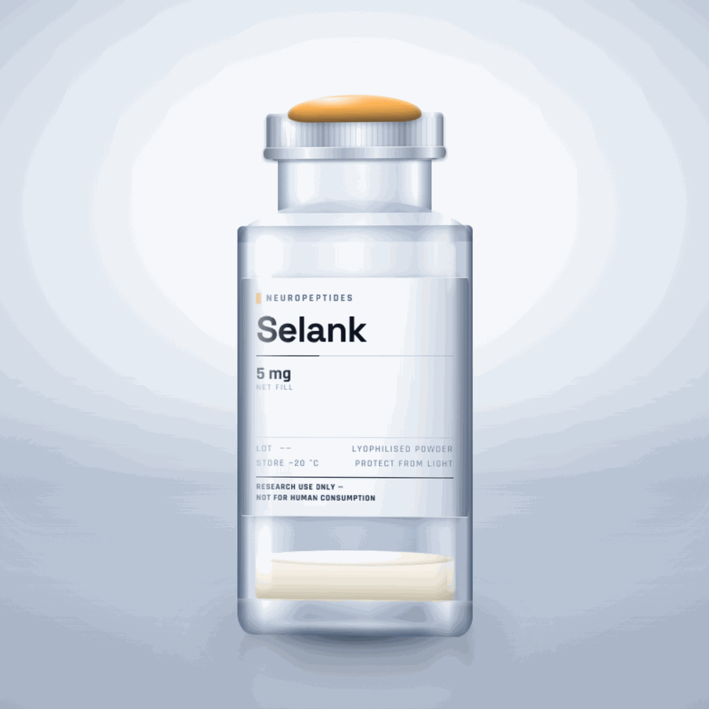 Selank 5mg vial — clear glass research-compound vial with an aluminium crimp cap,  purity, labelled for laboratory research use only