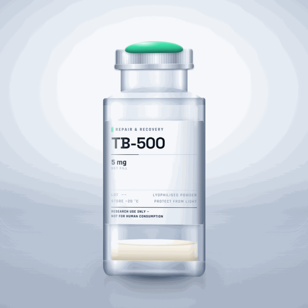 TB-500 5mg vial — clear glass research-compound vial with an aluminium crimp cap,  purity, labelled for laboratory research use only