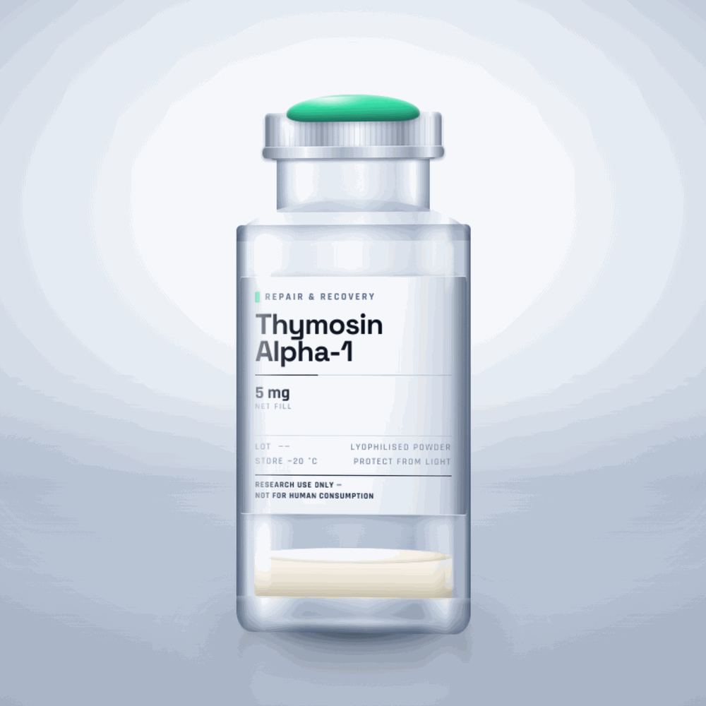Thymosin Alpha-1 5mg vial — clear glass research-compound vial with an aluminium crimp cap,  purity, labelled for laboratory research use only