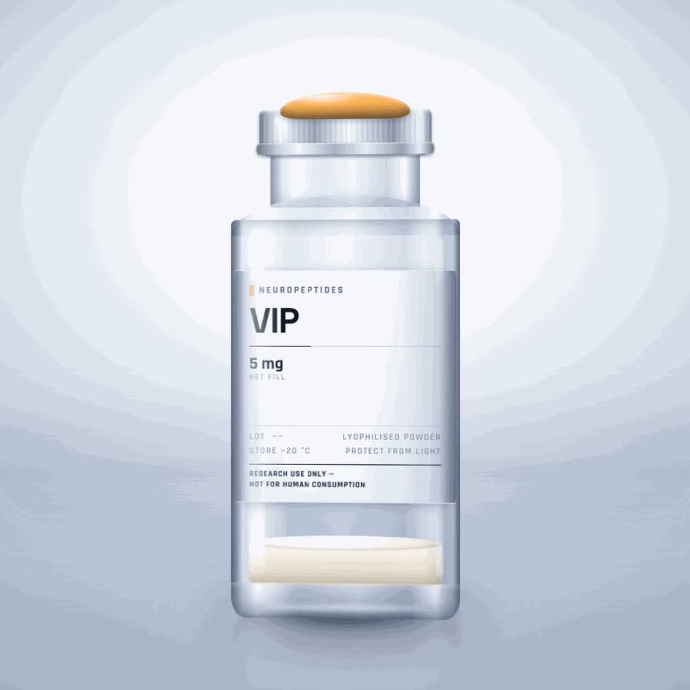 VIP 5mg vial — clear glass research-compound vial with an aluminium crimp cap,  purity, labelled for laboratory research use only